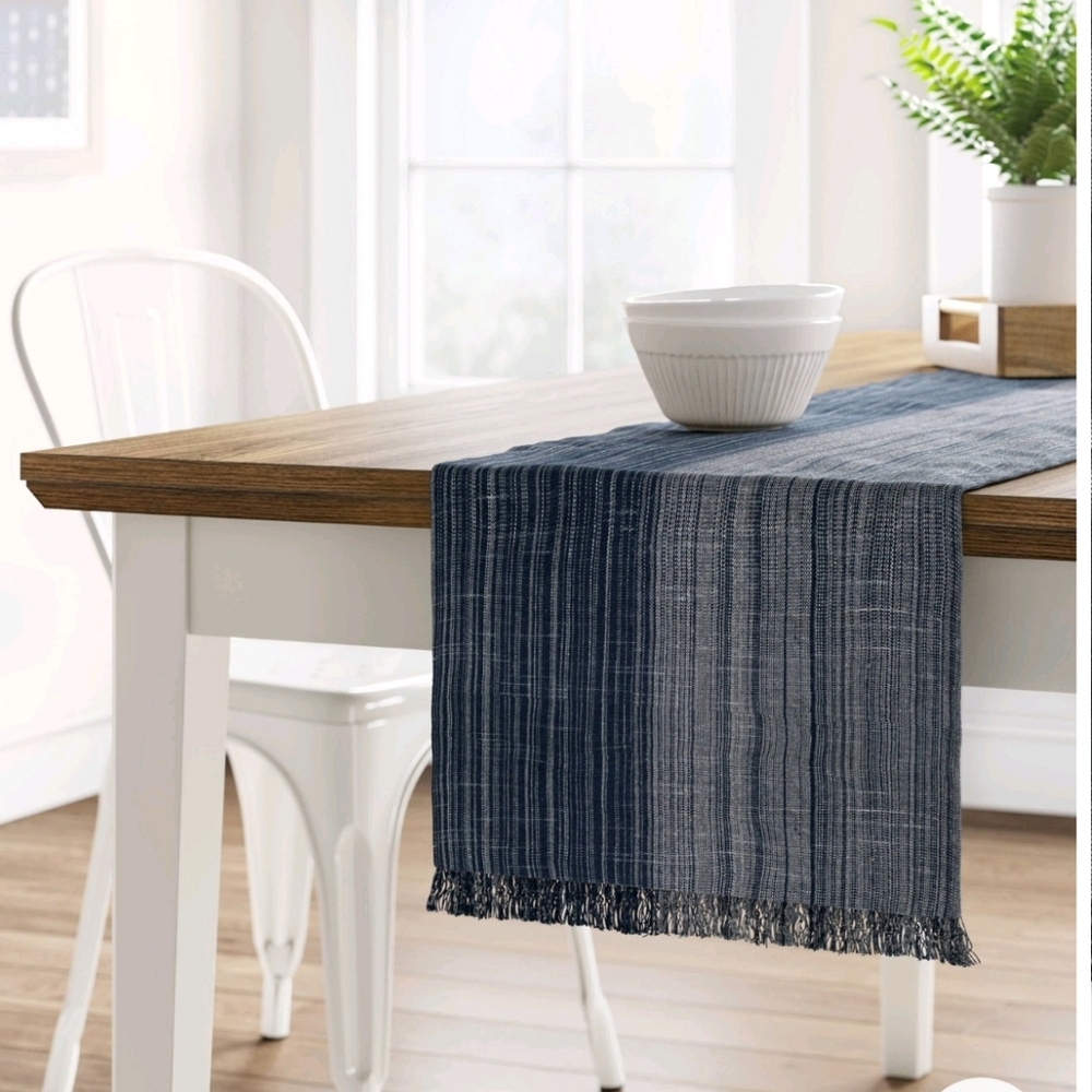 Blue Threshold Extended Length Cotton Striped Table Runner